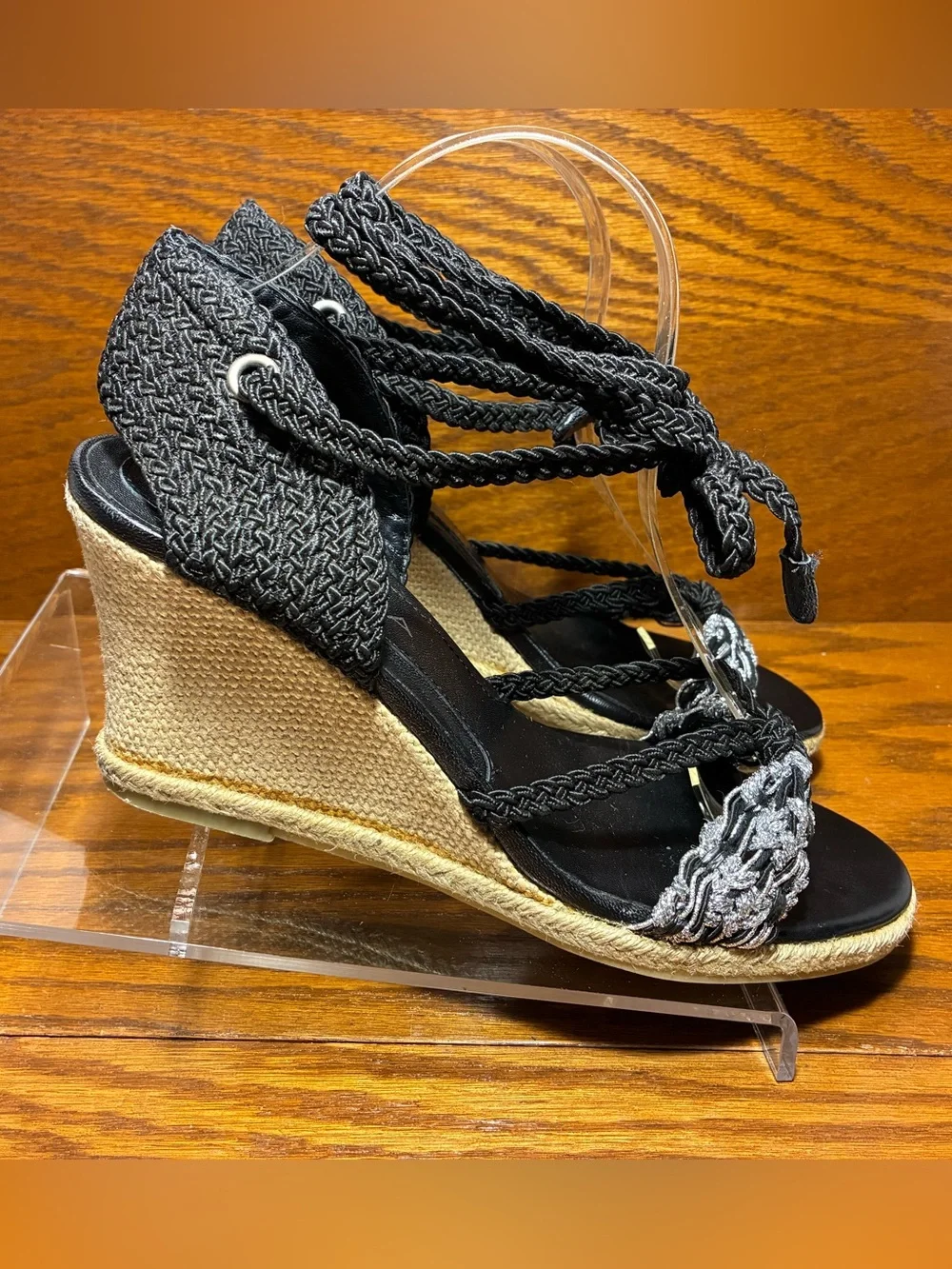 Via Spiga Braided Lace Up Espadrille Wedge Sandals Black Silver Size 10